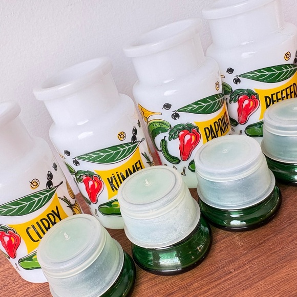 Vintage Kitchen Decor Colorful Spice Jars with Green Lids French Farmhouse Jars - Picture 6 of 13